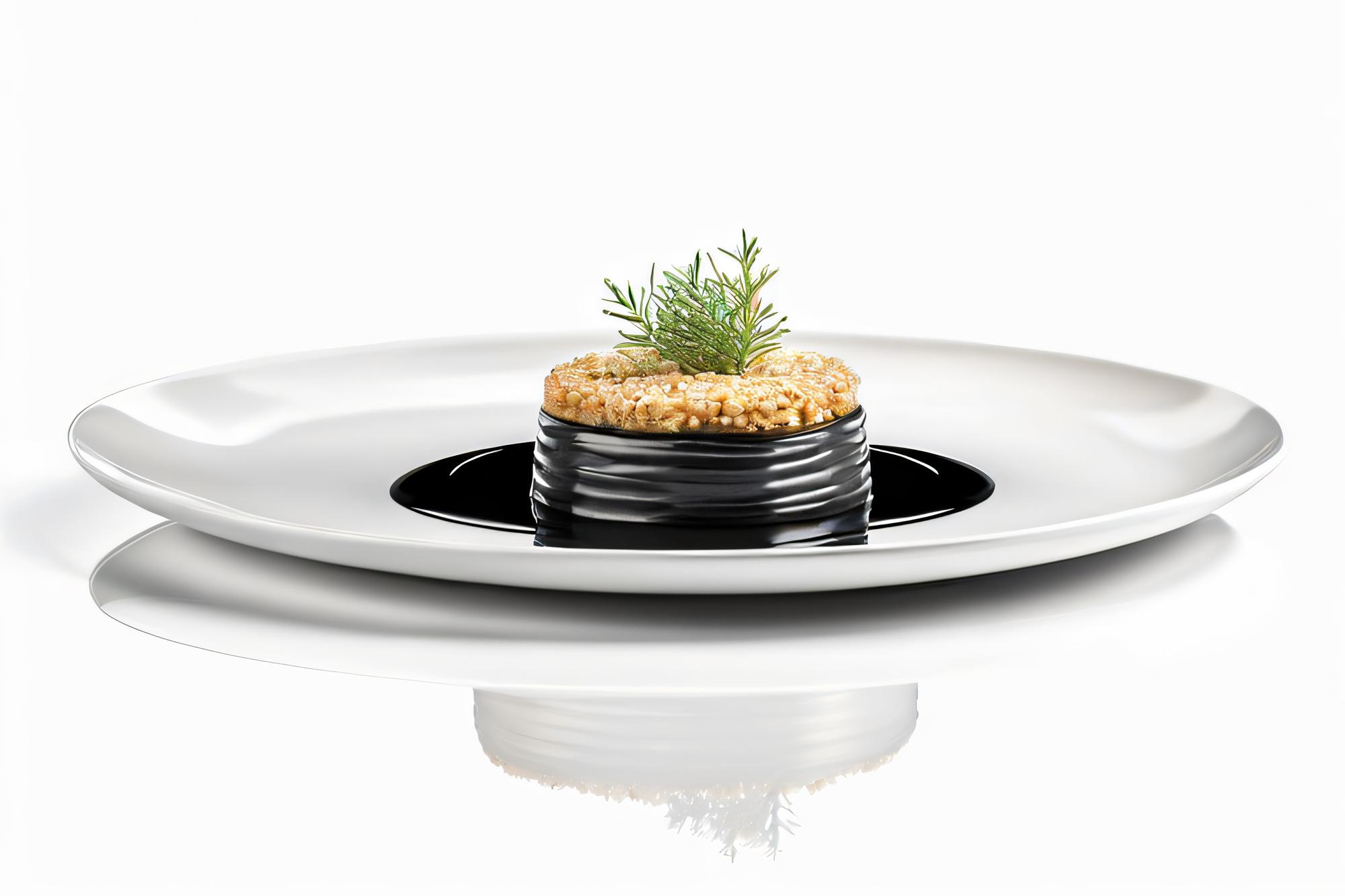 Šiuolaikiškas gastronomijos kūrinys ant tamsios plokštės